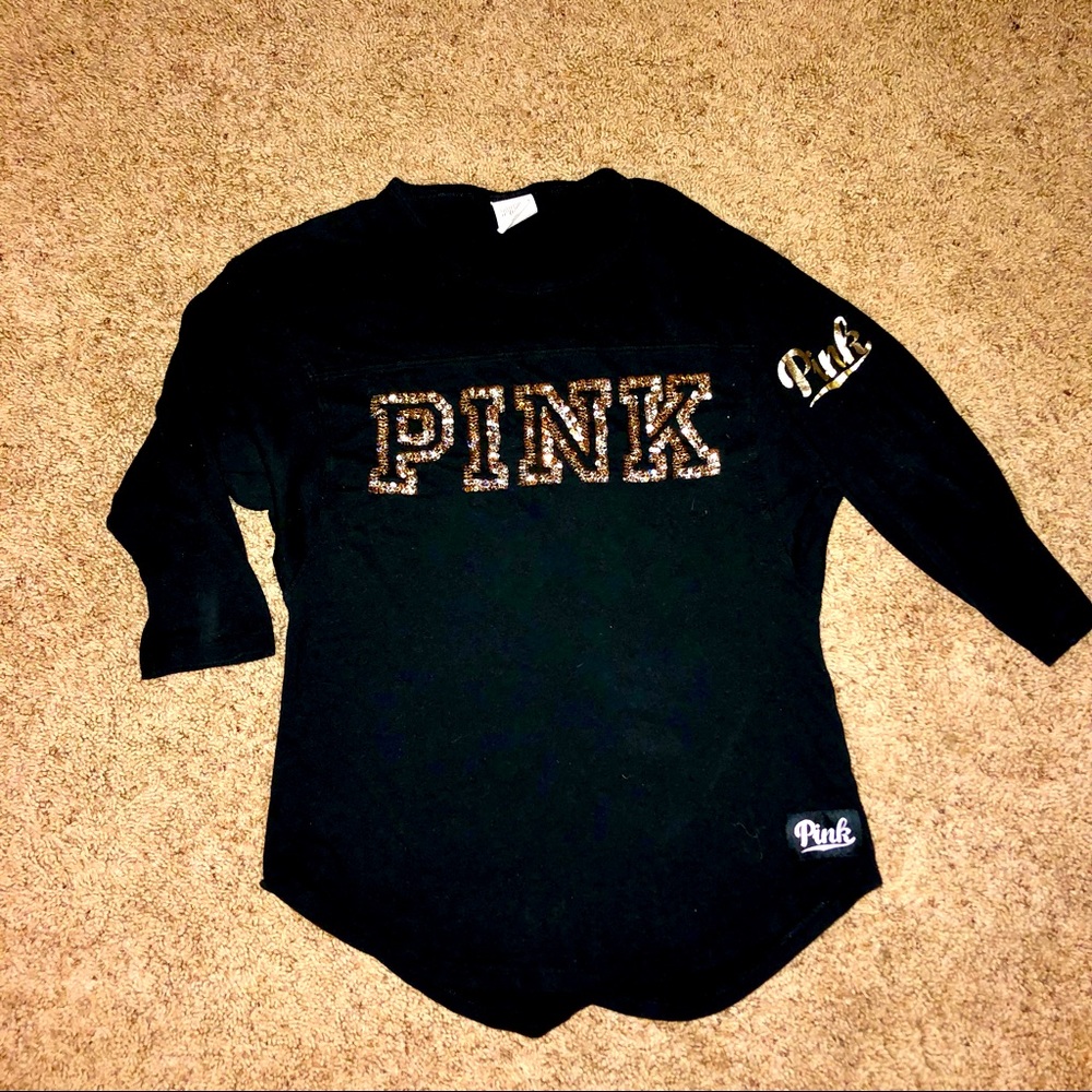 💖 PINK Victoria’s Secret gold sequin bling shine sparkly jersey t-shirt fashion